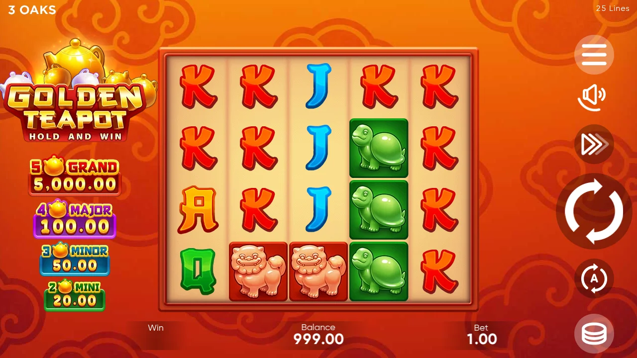 Golden Teapot base game spin at $1.00 bet - 5x4 reel grid with King, Turtle, and Foo Dog symbols visible, jackpot meters on left panel