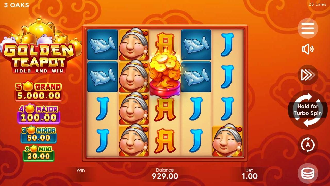 Golden Teapot base game at spin 100, balance $929.00, $1.00 bet - Koi Fish, Grandma, and Scatter symbols on the 5x4 grid