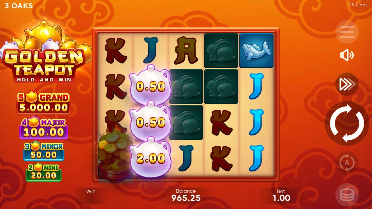 Golden Teapot base game at spin 500, balance $965.25, $1.00 bet - recovery peak after Hold and Win bonus