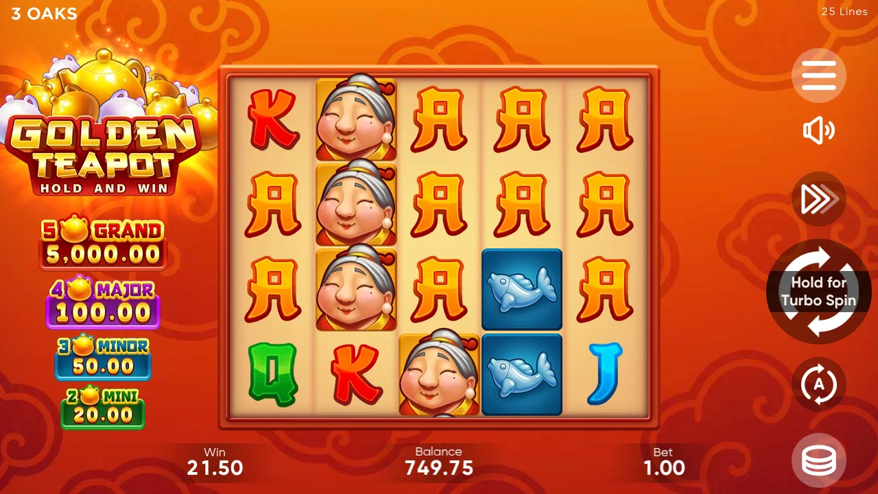 Golden Teapot base game at spin 1000, balance $749.75, $1.00 bet - Grandma full column on reel 2