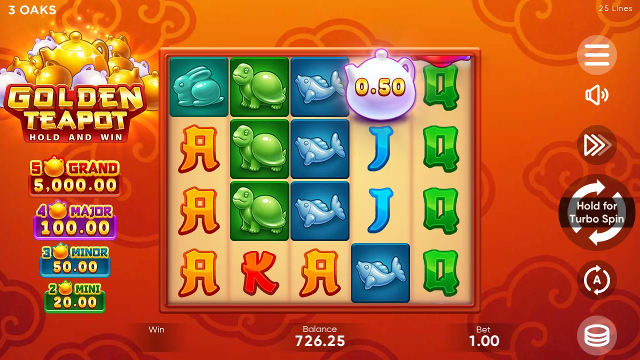 Golden Teapot session end - base game at $726.25 balance with Rabbit, Turtle, Koi Fish symbols and a Bonus teapot showing 0.50x value, $1.00 bet
