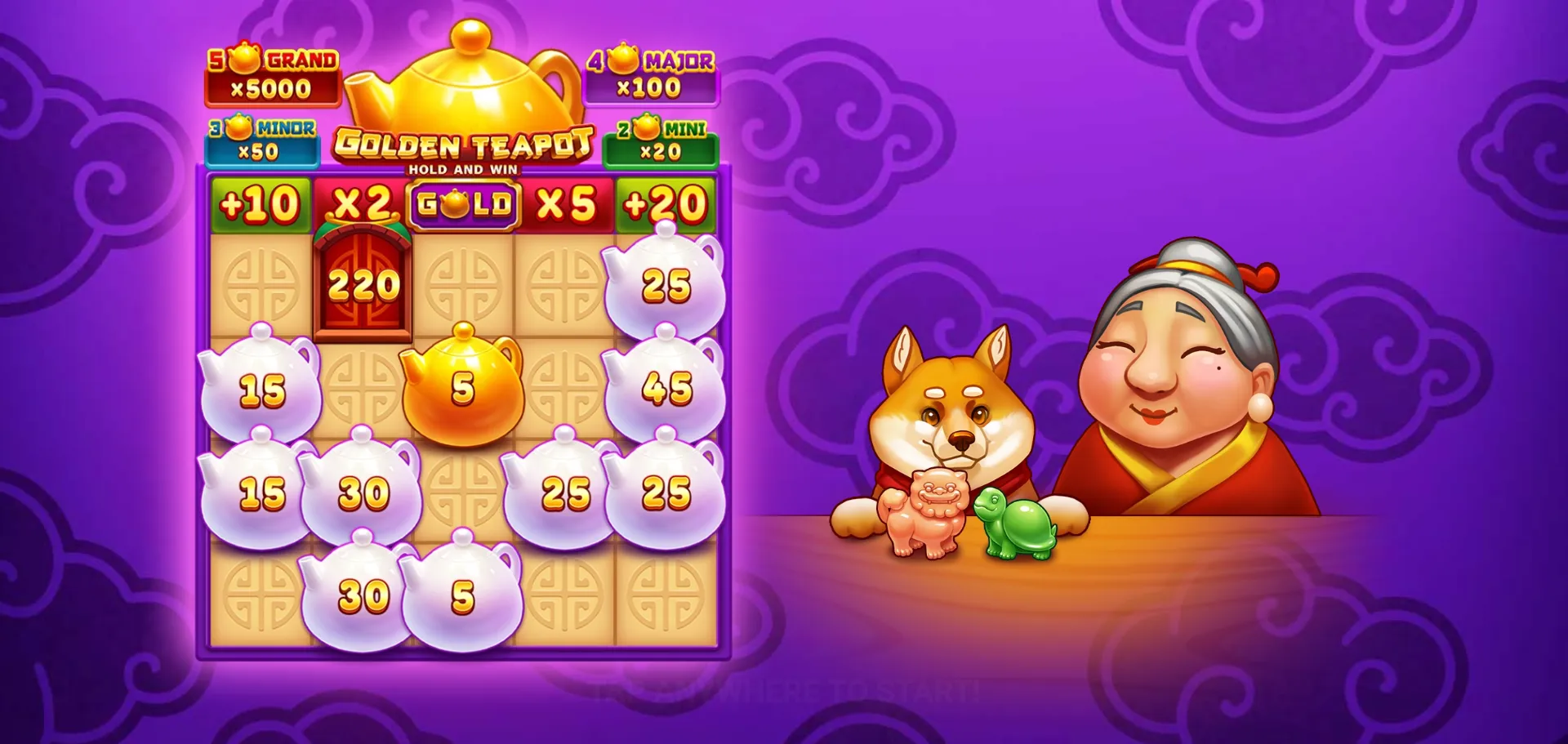 Golden Teapot Hold and Win Bonus Game - Booster Row showing +10, X2, GOLD, X5, +20 symbols above 5x4 grid filled with Bonus teapot tiles carrying cash values